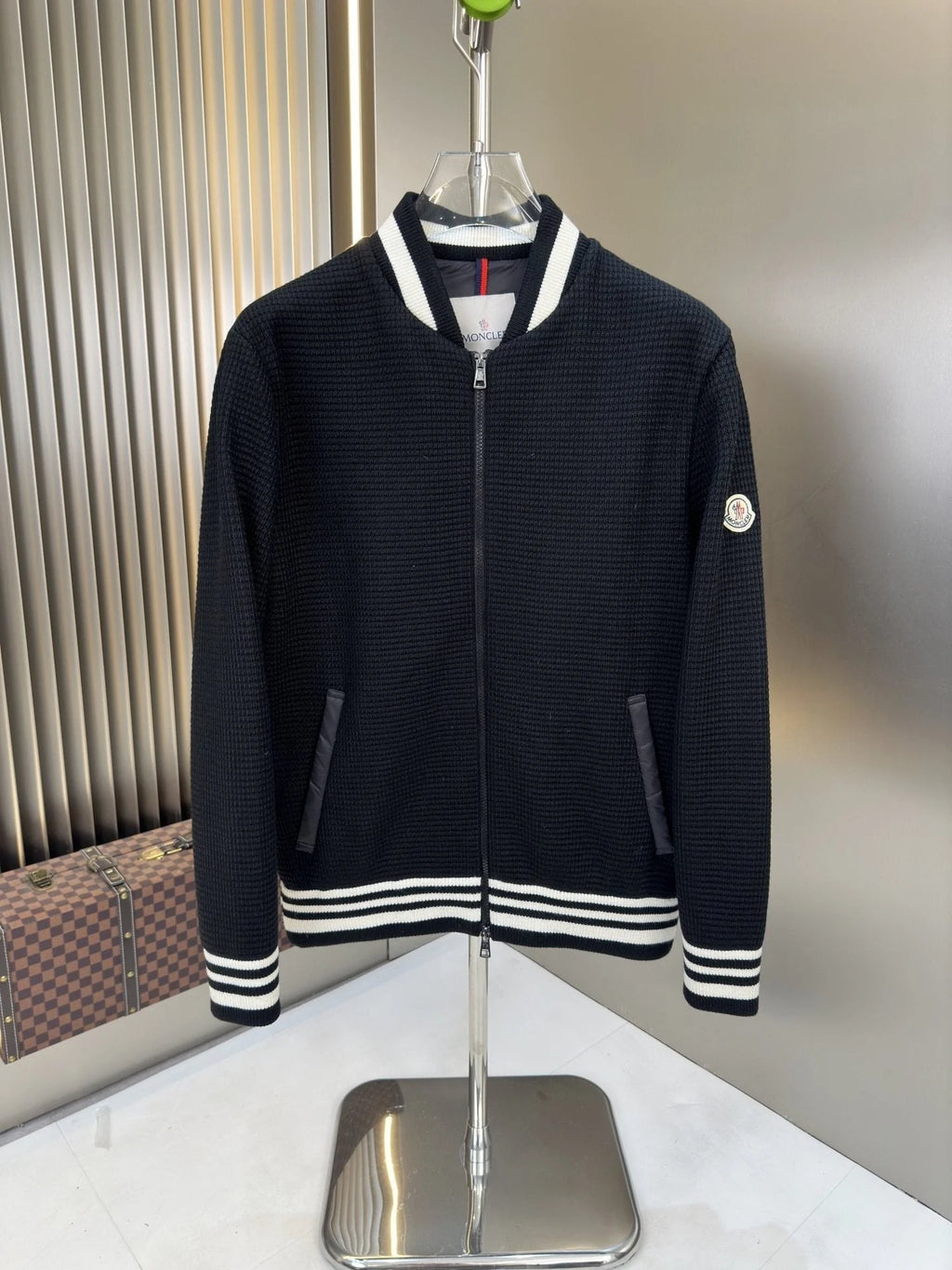 Moncler Knit Bomber Jacket with Quilted Back and Striped Trim