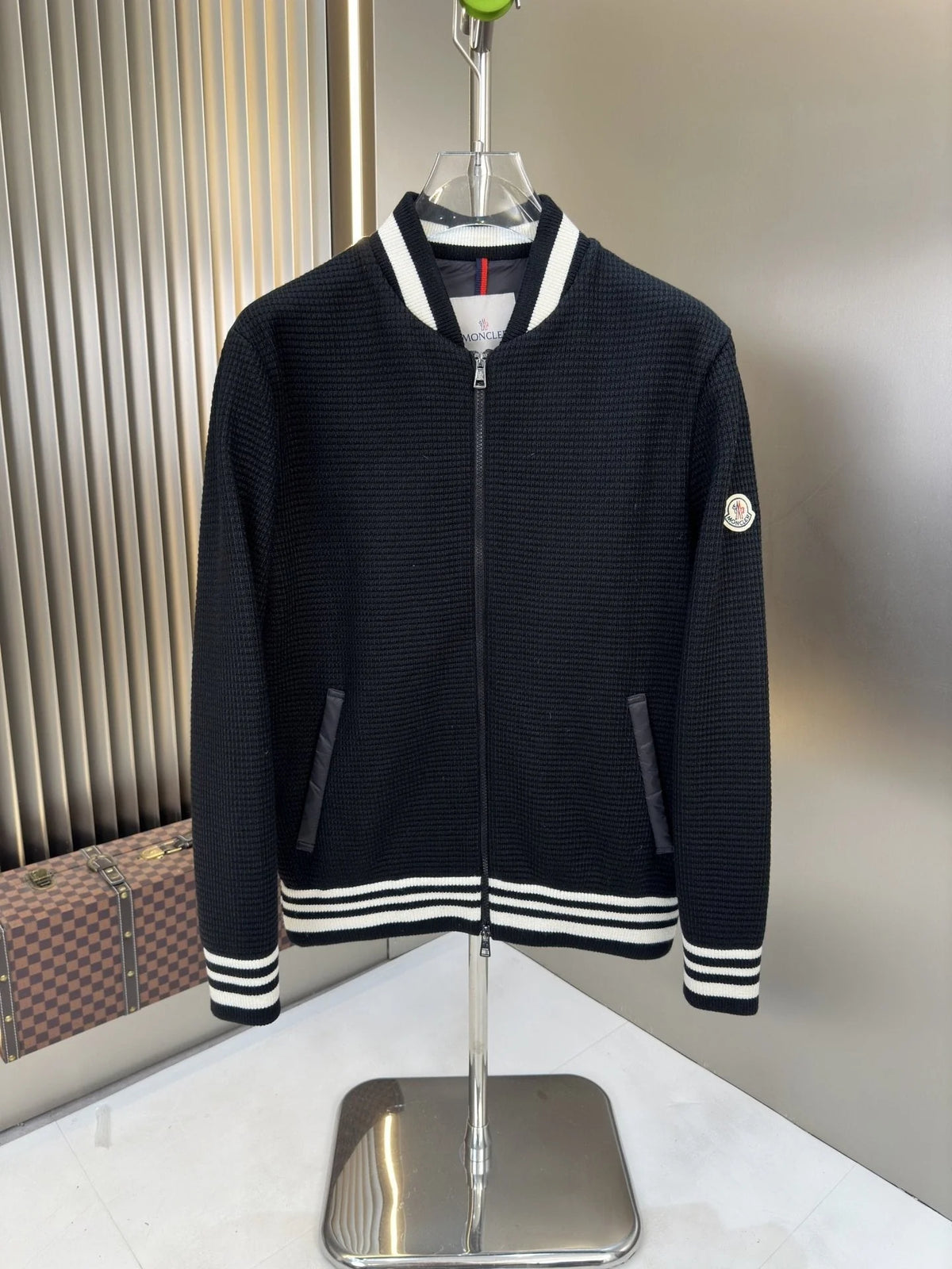 Moncler Knit Bomber Jacket with Quilted Back and Striped Trim