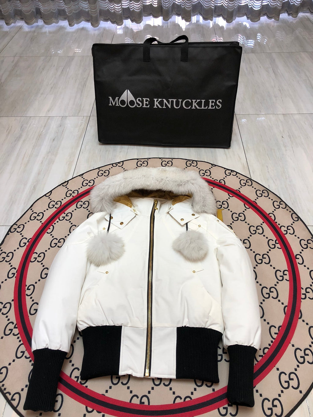 Moose Knuckles White Plush-Trim Hooded Bomber Jacket
