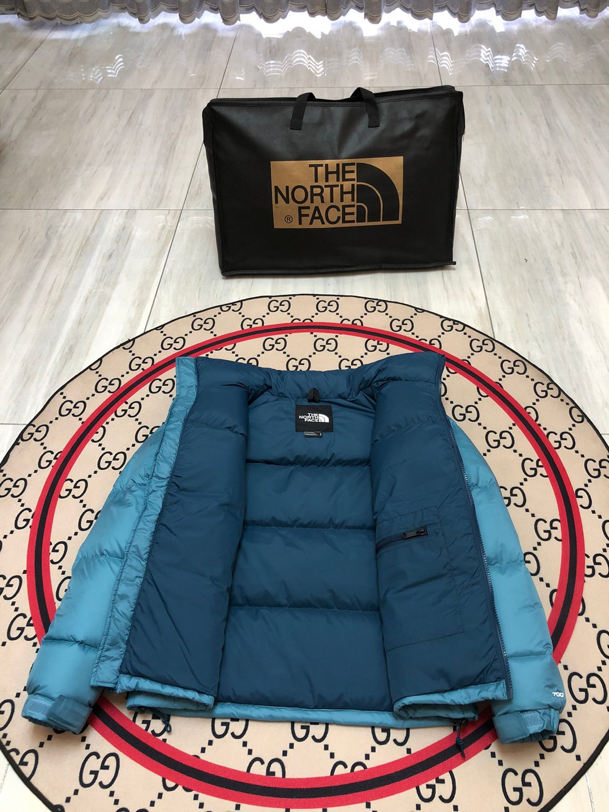 The North Face Teal and Navy Colorblock Puffer Jacket