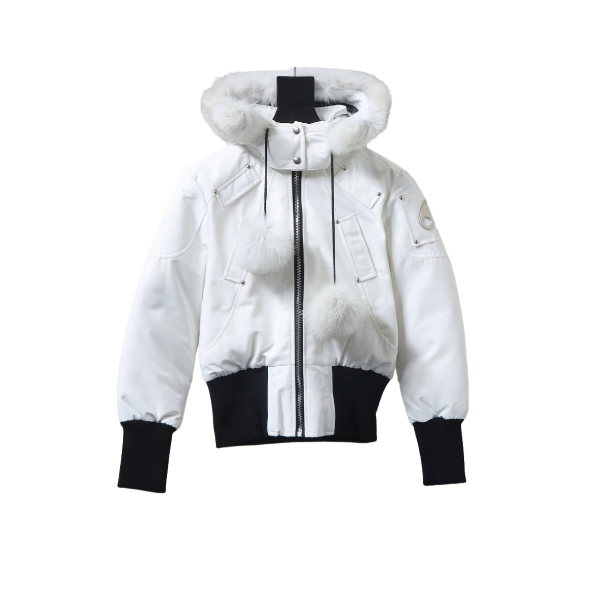 Moose Knuckles White Plush-Trim Hooded Bomber Jacket