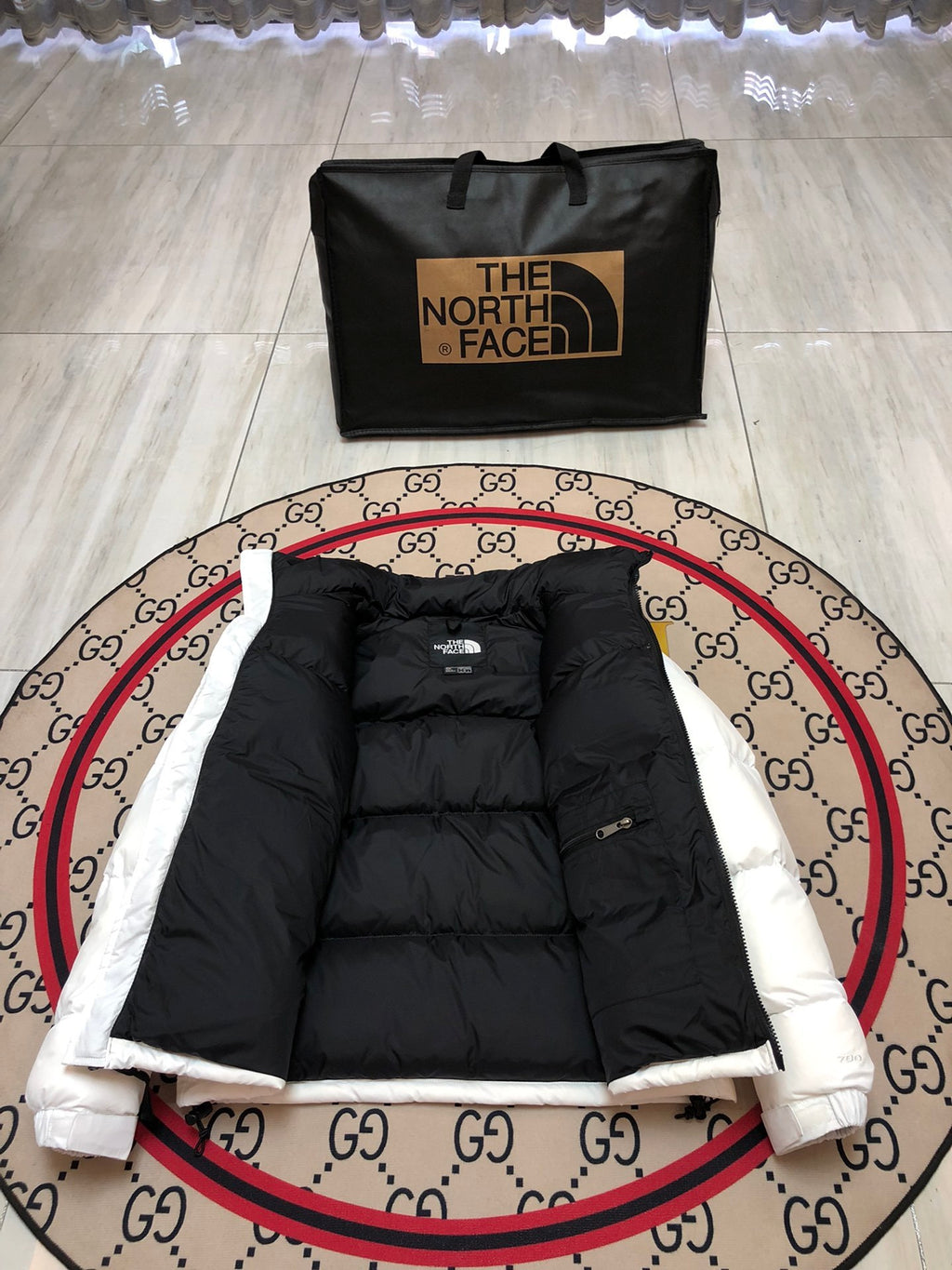 The North Face White and Black Colorblock Stand-Collar Puffer Jacket