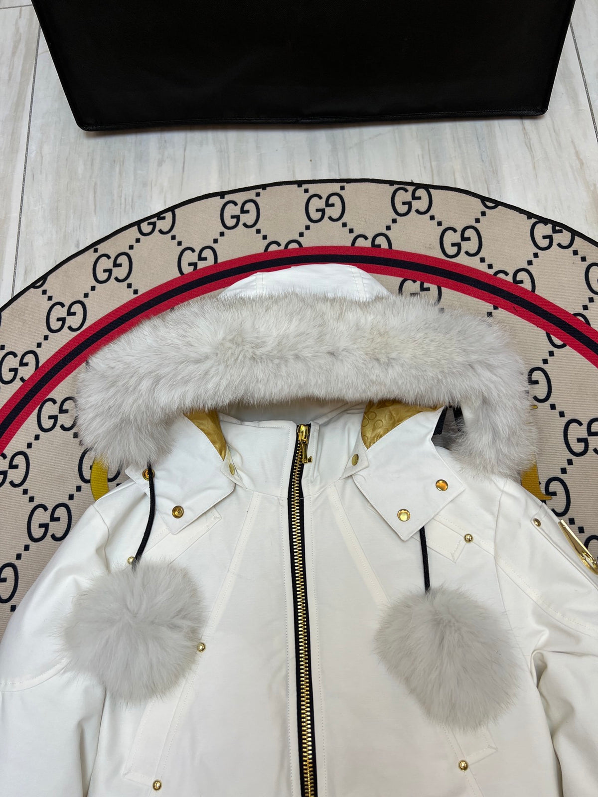 Moose Knuckles White Plush-Trim Hooded Bomber Jacket