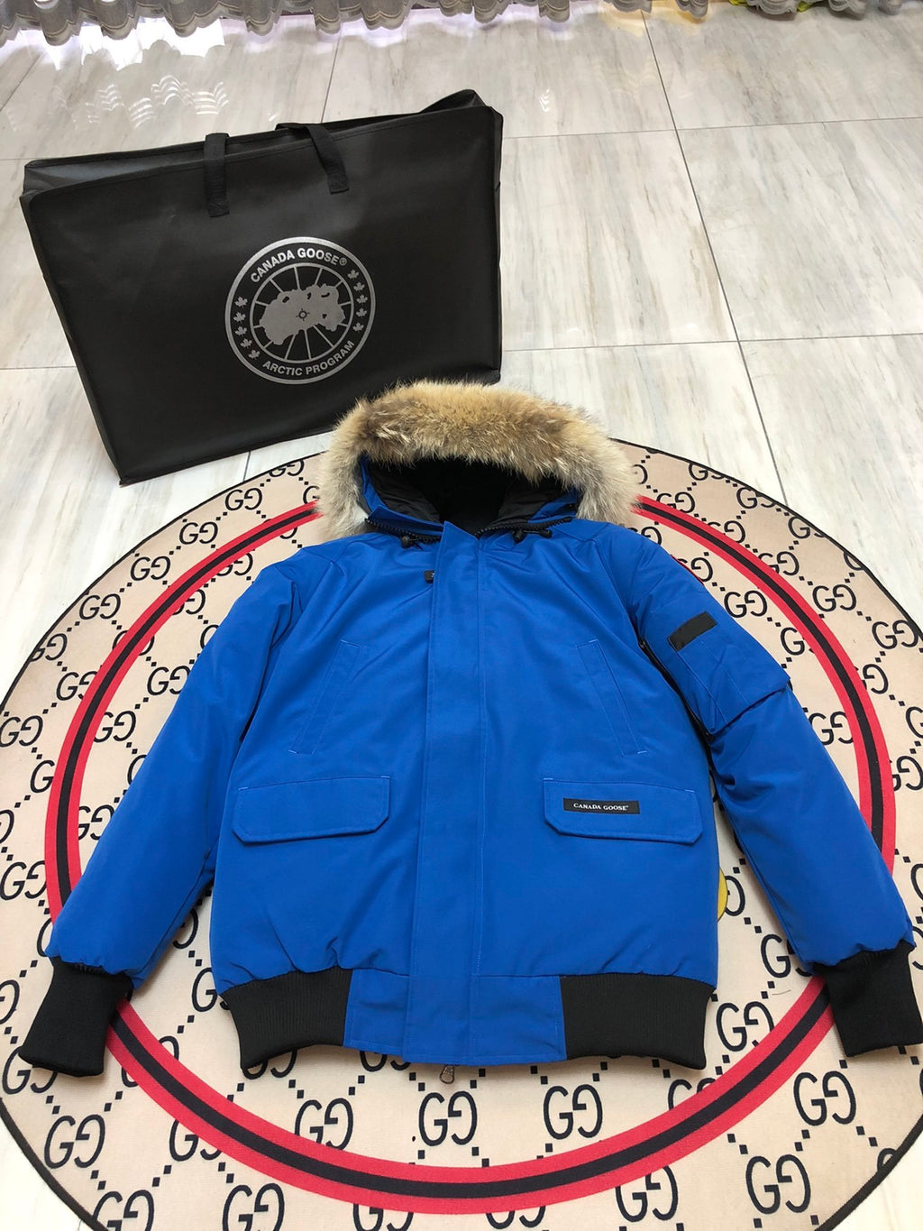 Canada Goose Royal Blue Plush-Trim Hooded Bomber Jacket