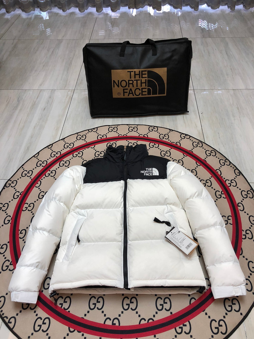 The North Face White and Black Colorblock Stand-Collar Puffer Jacket