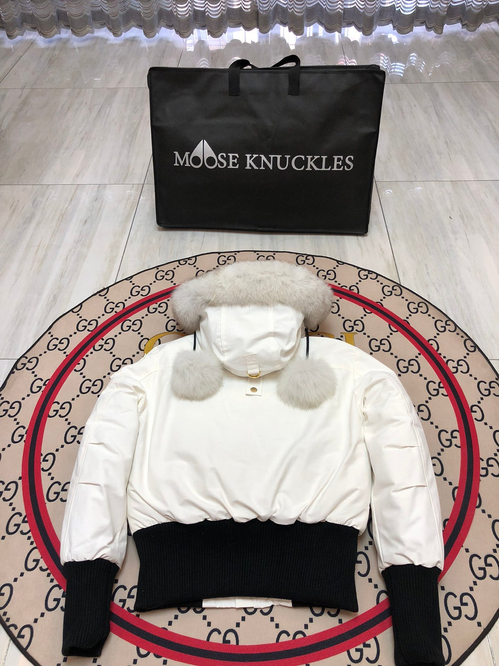 Moose Knuckles White Plush-Trim Hooded Bomber Jacket