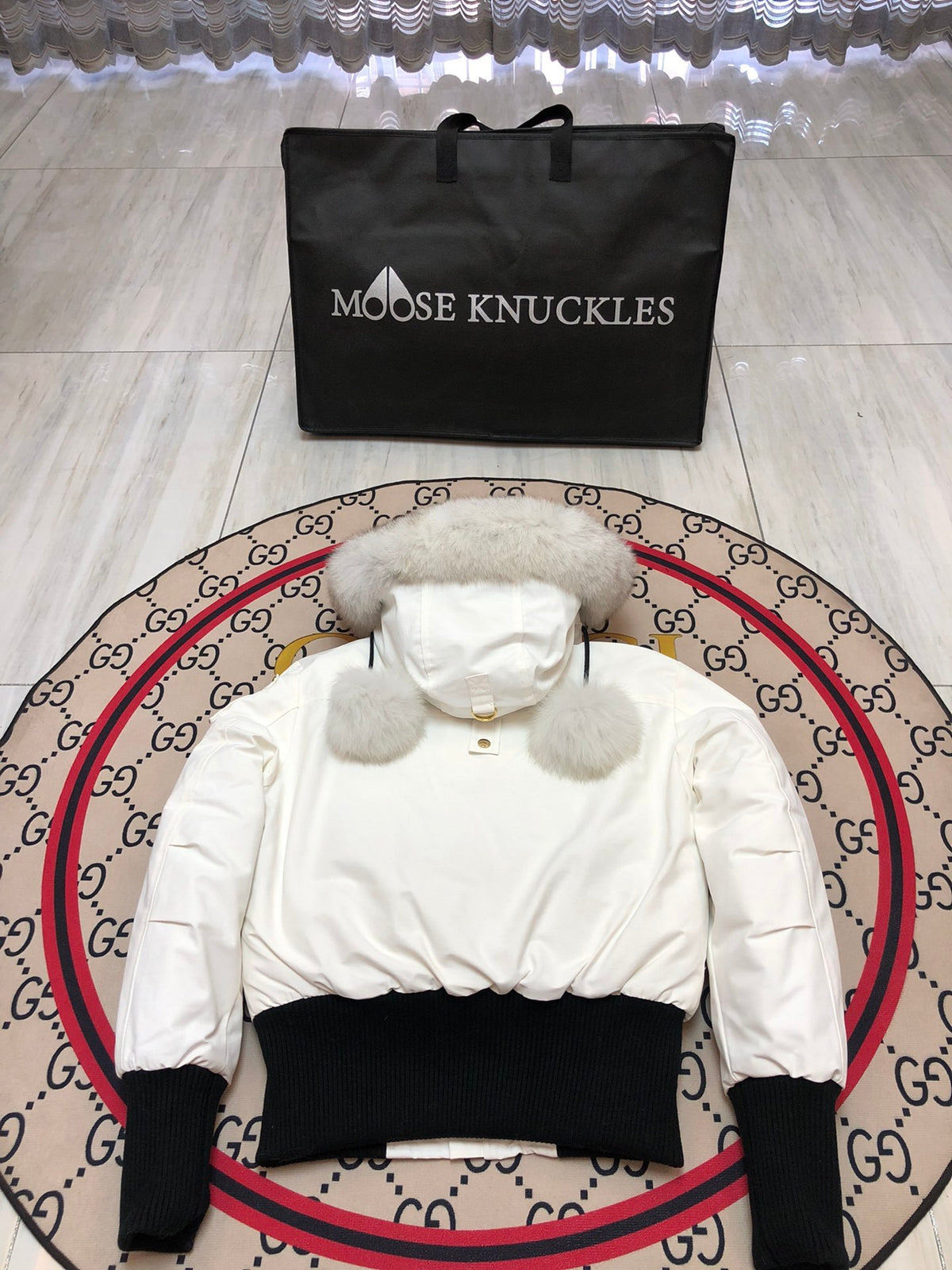 Moose Knuckles White Plush-Trim Hooded Bomber Jacket