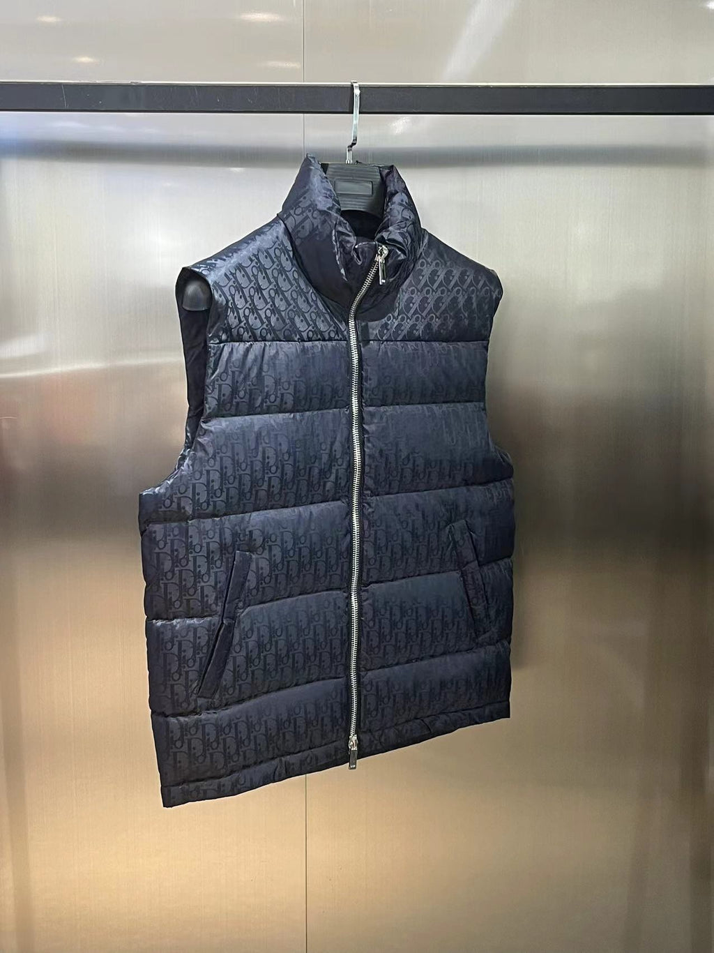 Dior Puffer Vest in Black with Stand Collar and Tonal Monogram
