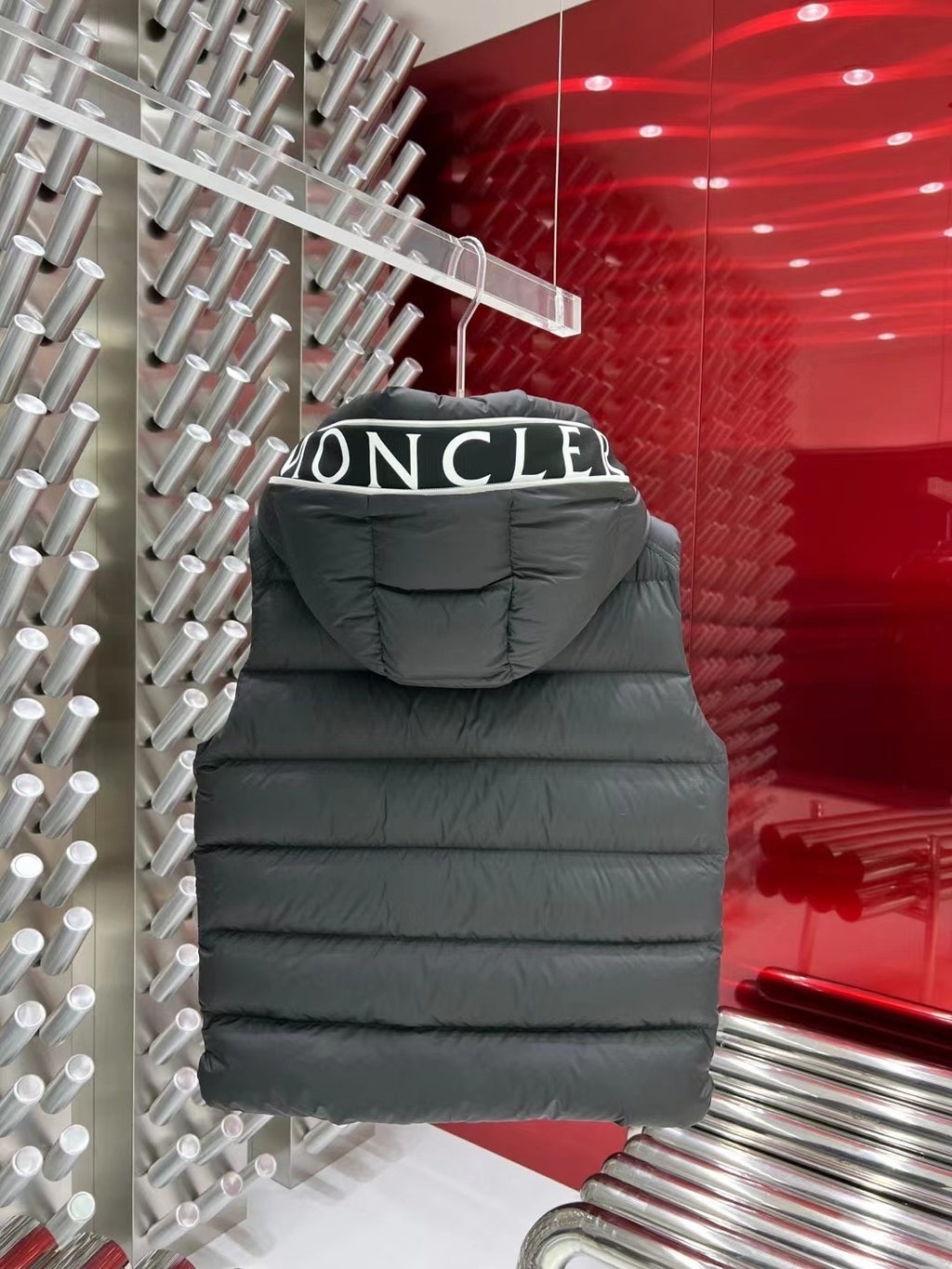 Moncler Hooded Puffer Vest in Black with White Trim
