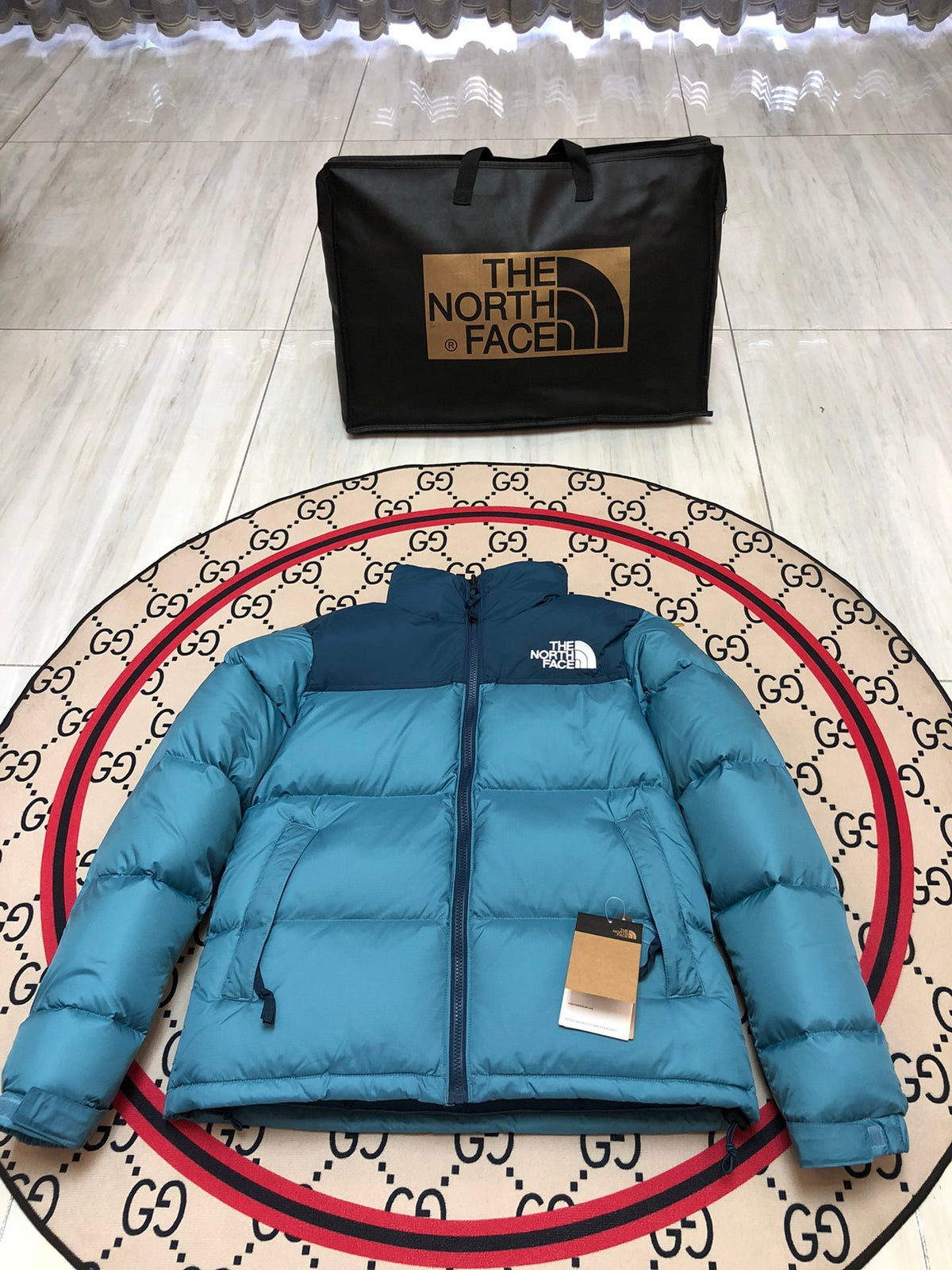 The North Face Teal and Navy Colorblock Puffer Jacket