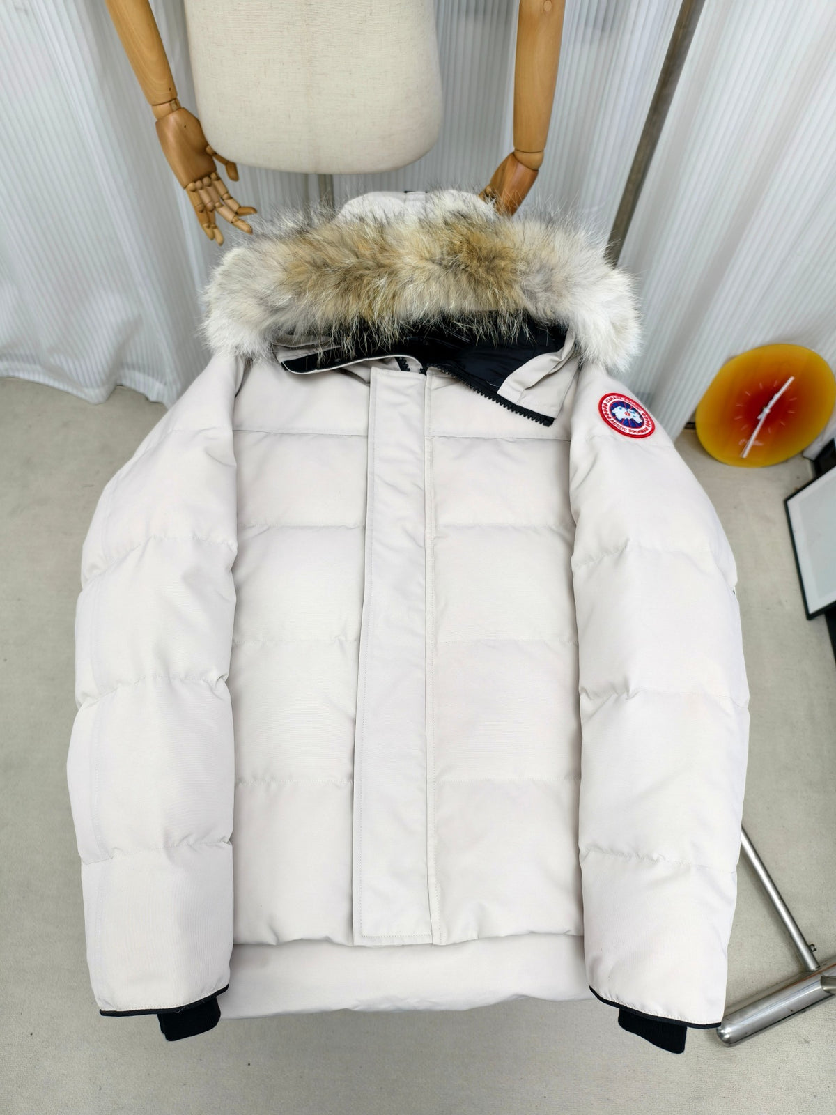 Canada Goose Hooded Puffer Jacket in White with Plush Hood Trim